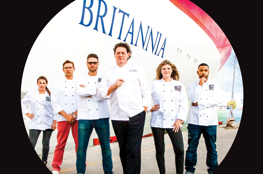Marco Pierre-White and contestants of Battlechefs, filmed aboard P&O's Britannia