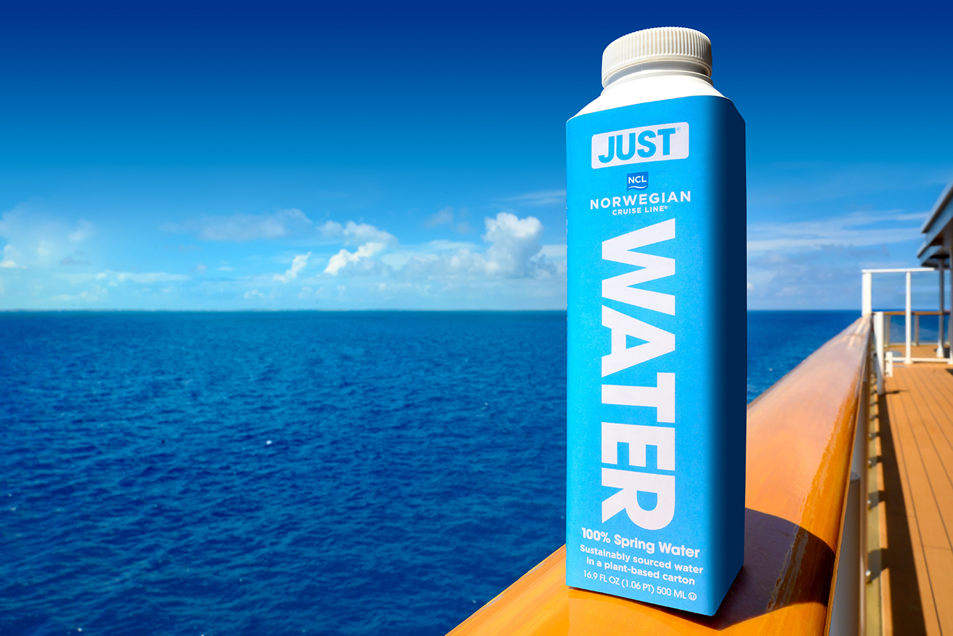 NCL will eliminate plastic bottles and use JUST water cartons