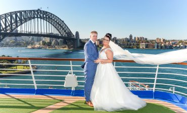 Corey and Belinda de Bruyn's ceremony at sea with P&O Cruises featuring a million dollar view of the Sydney Harbour Bridge