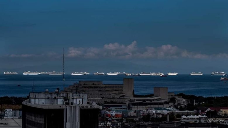 The cruise ships anchored outside of Manila Bay