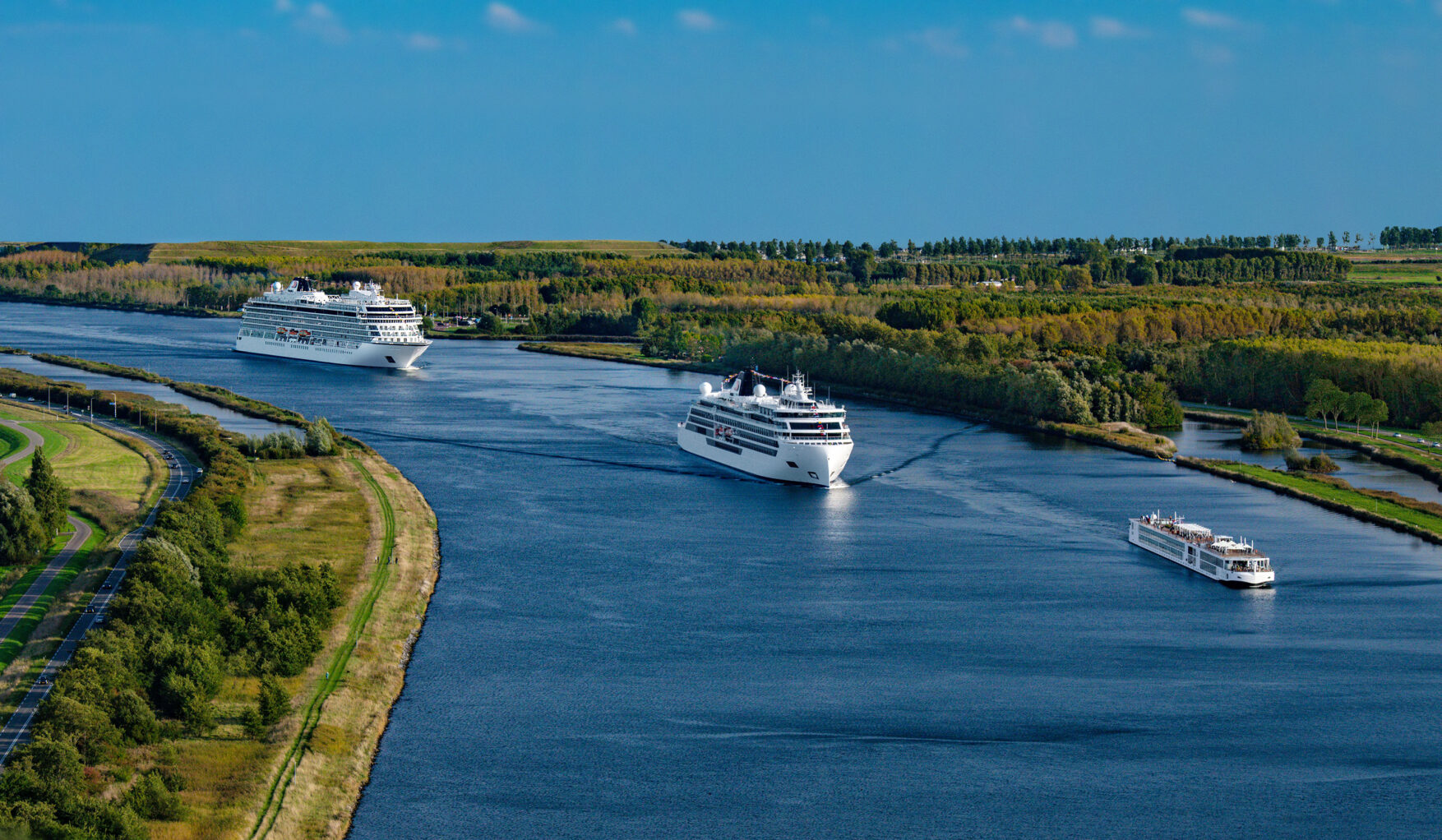 Viking ships  line up in the North Sea Canal, Amsterdam in the Netherlands.