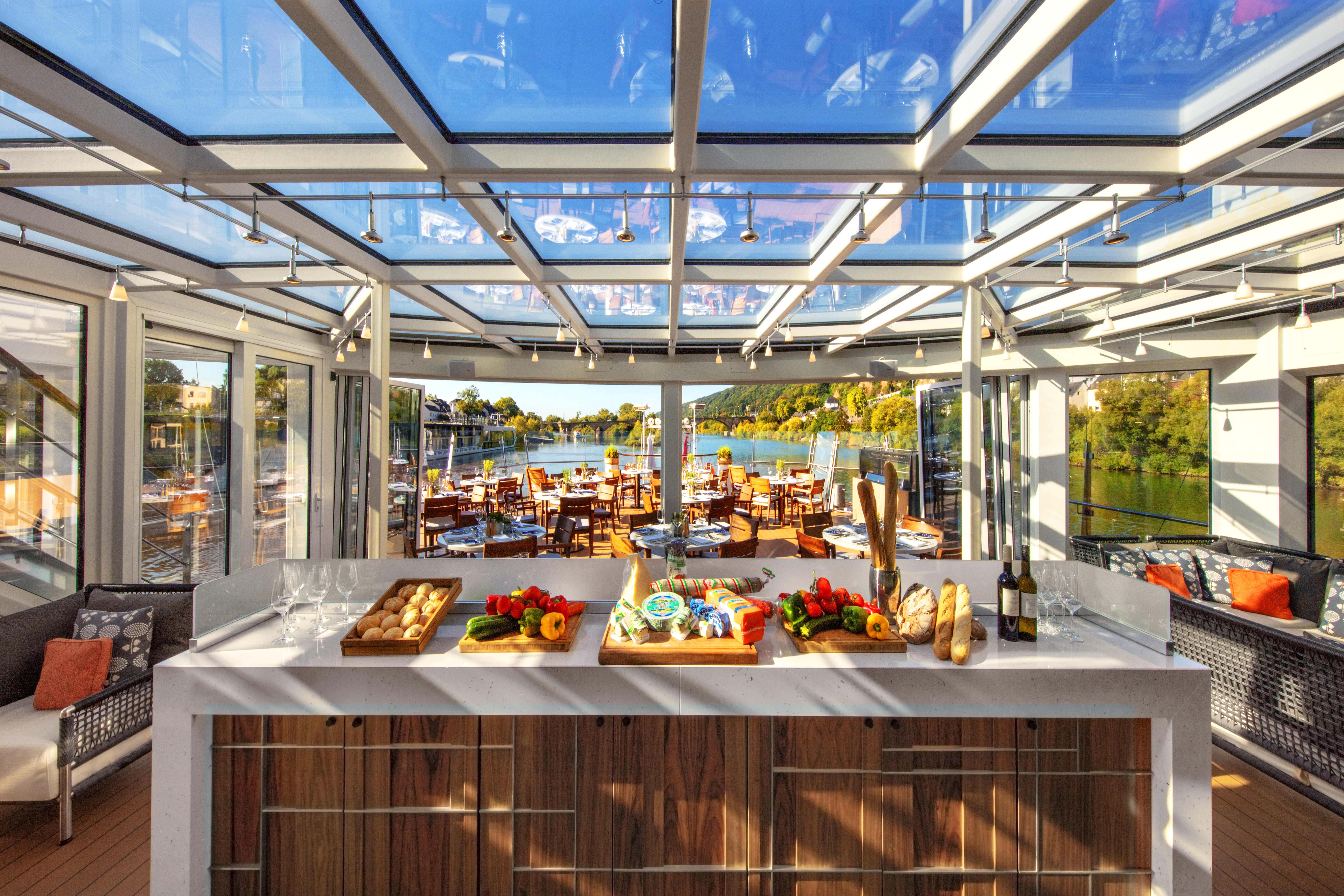 The Aquavit Terrace buffet as a primary dining feature in Viking ships.