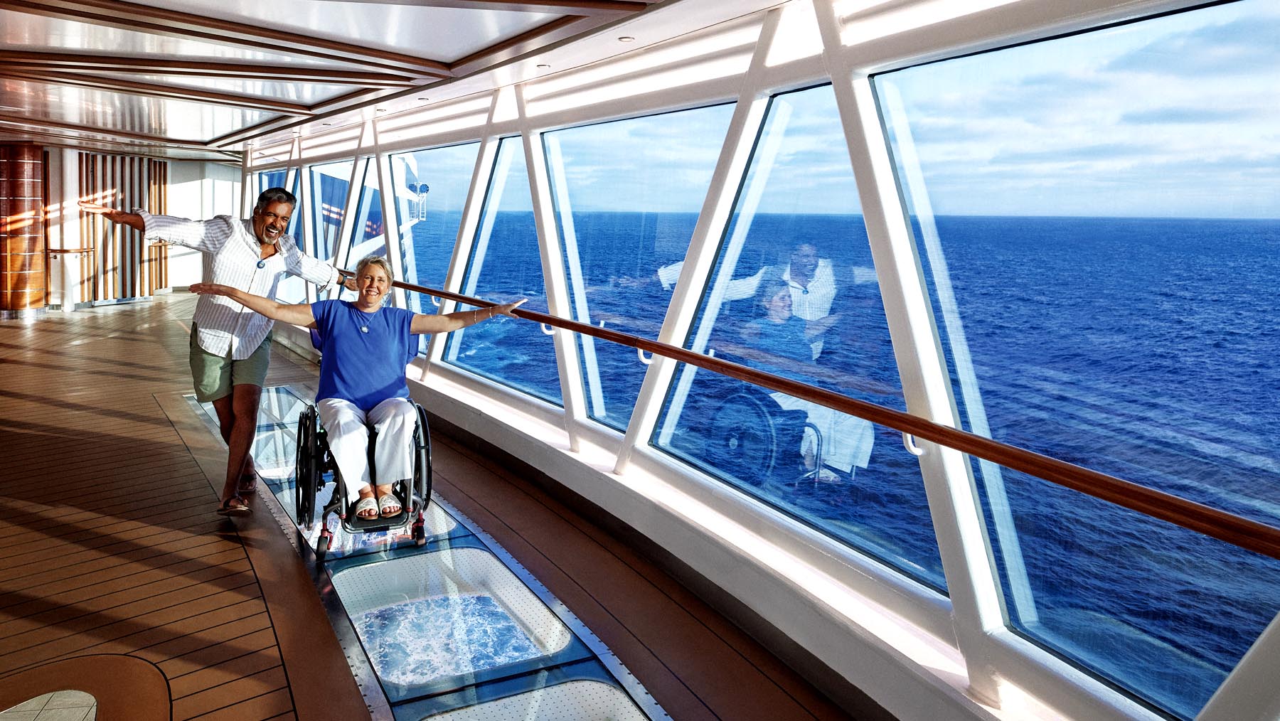 Mobility-restricted cruiser enjoys roaming around cruise ship's public place.