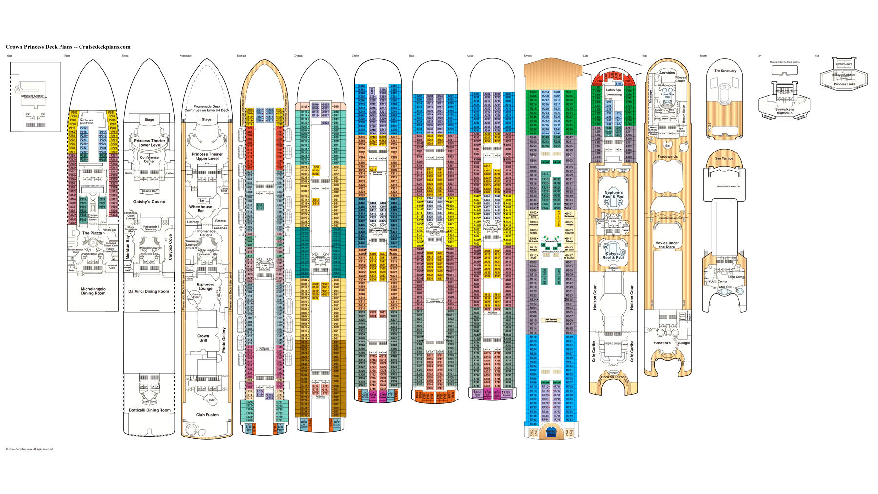 View ultimate guide to Crown Princess through the ship's deck plan.