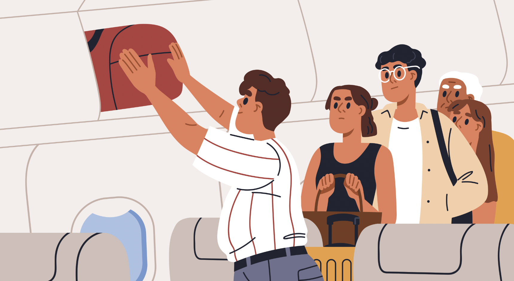 airplane passenger towing bags in the overhead bin