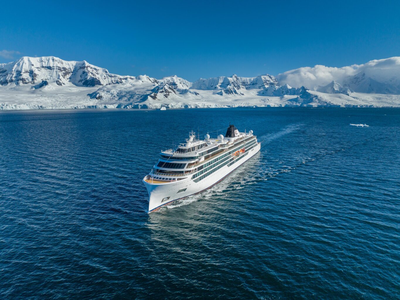 Viking Octantis in Antarctica sailing on the water.