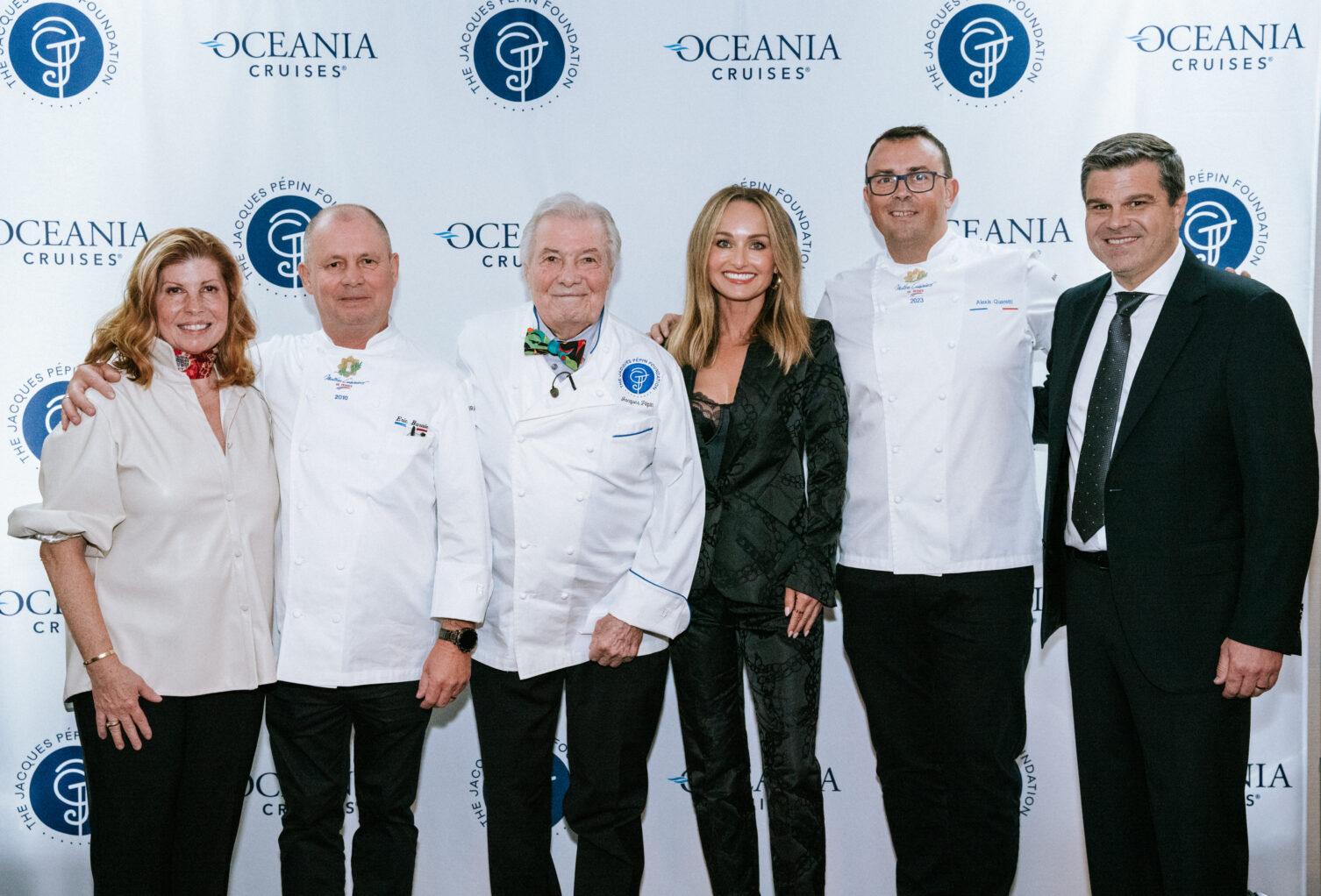 eft to Right: Claudine Pépin, Chef Eric Barale, Chef Jacques Pépin, Giada De Laurentiis, Chef Alexis Quaretti, Frank A. Del Rio

