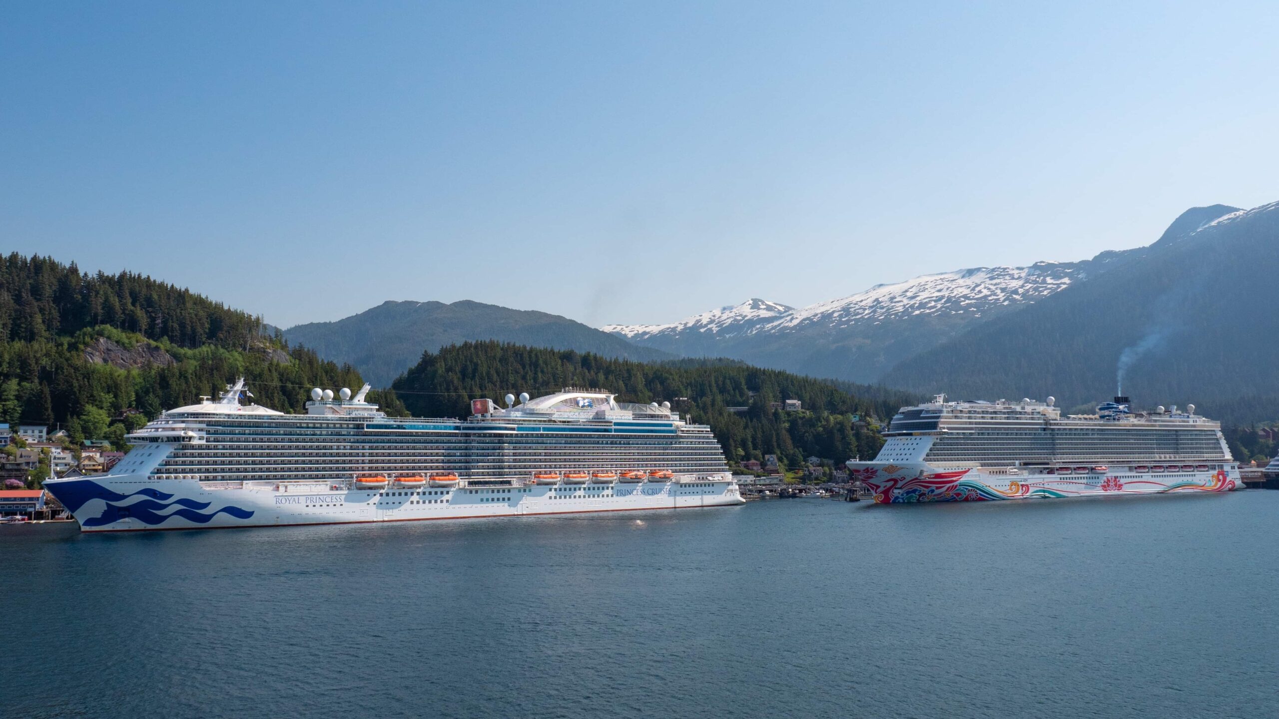 cap on cruise, Alaska cruise port with two ships.