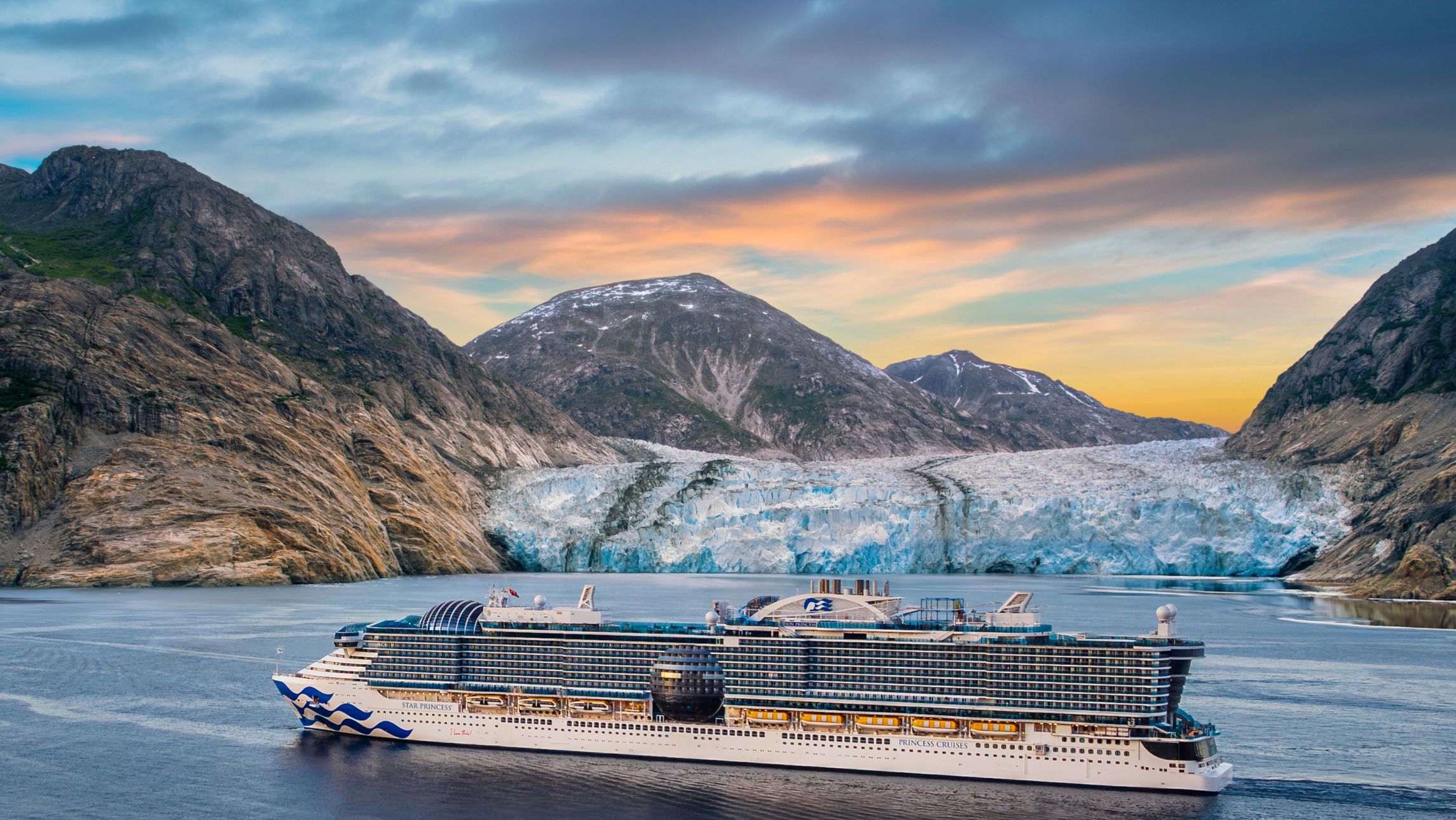A Princess Cruise ship sails amongst Alaskan glaciers.