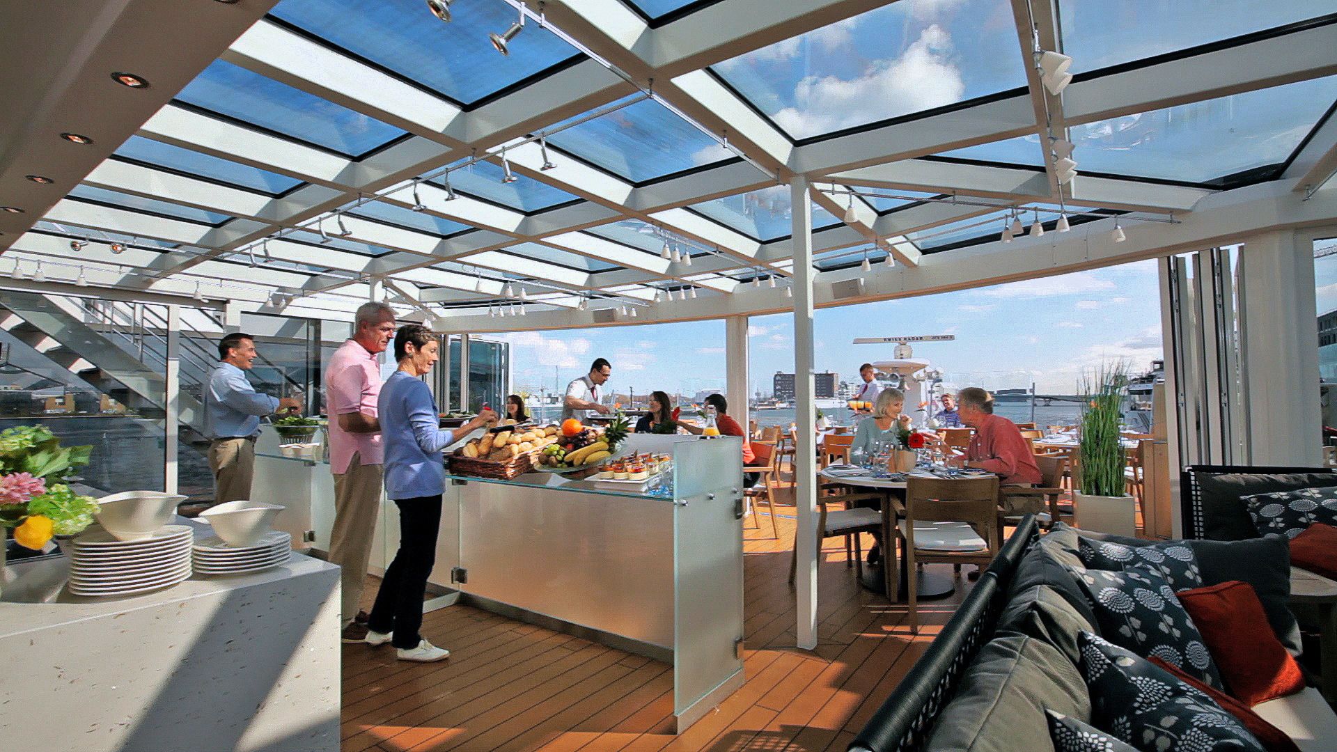 The Viking Aquavit Terrace with guests at the buffet