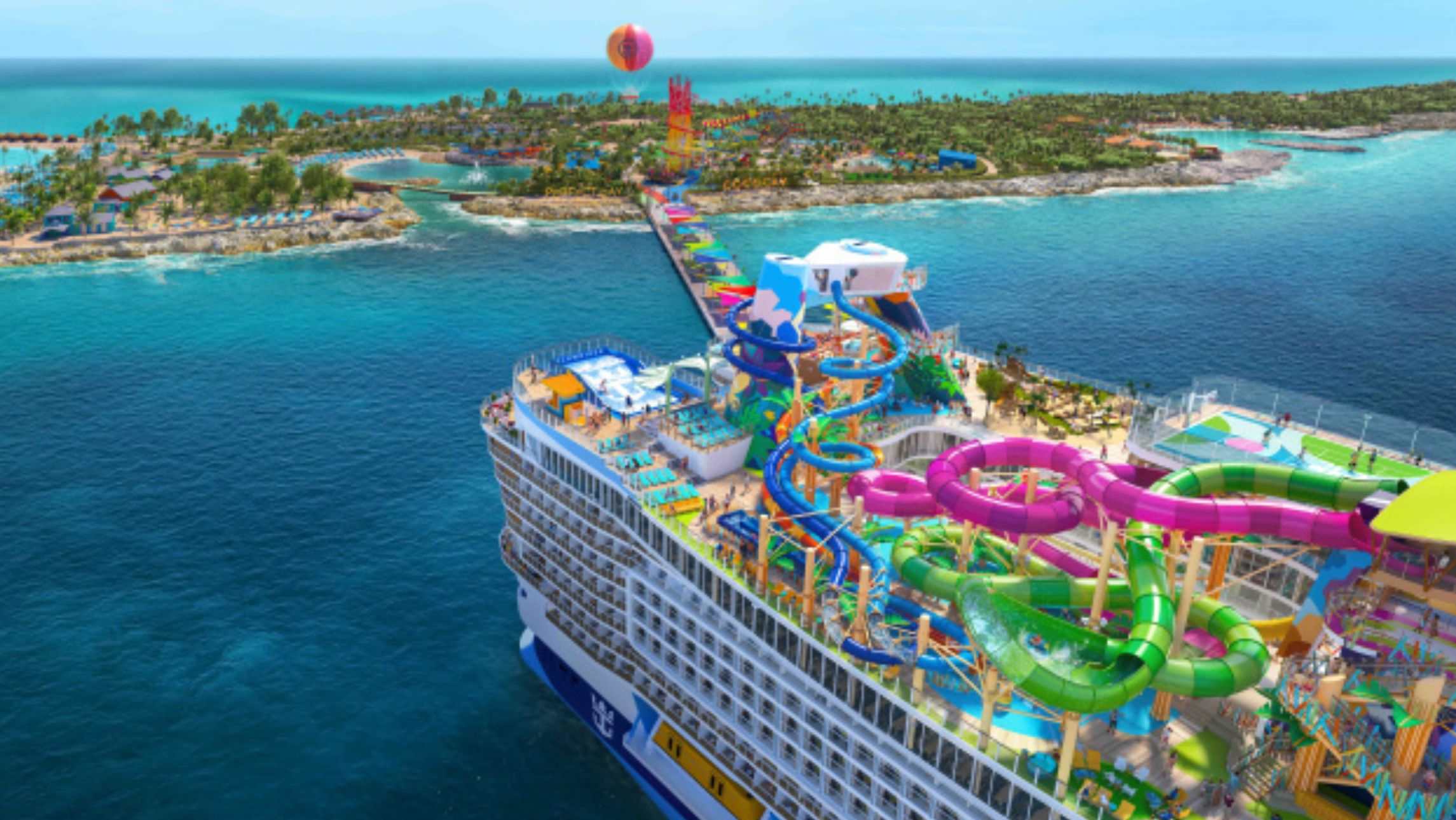 Star of the Seas Royal Caribbeans new ship sailing by an island.