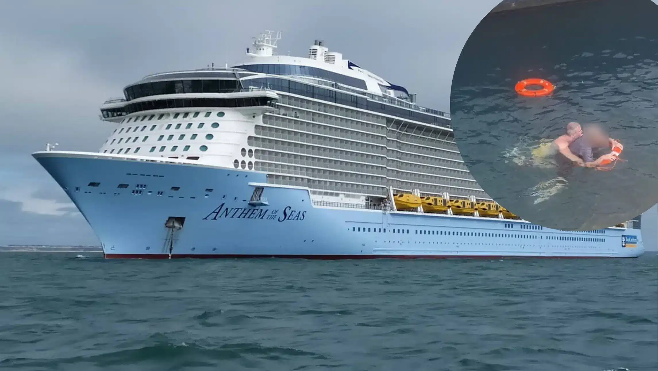 A Royal Caribbean cruise ship overlapped with scenes from a dramatic cruise rescue.